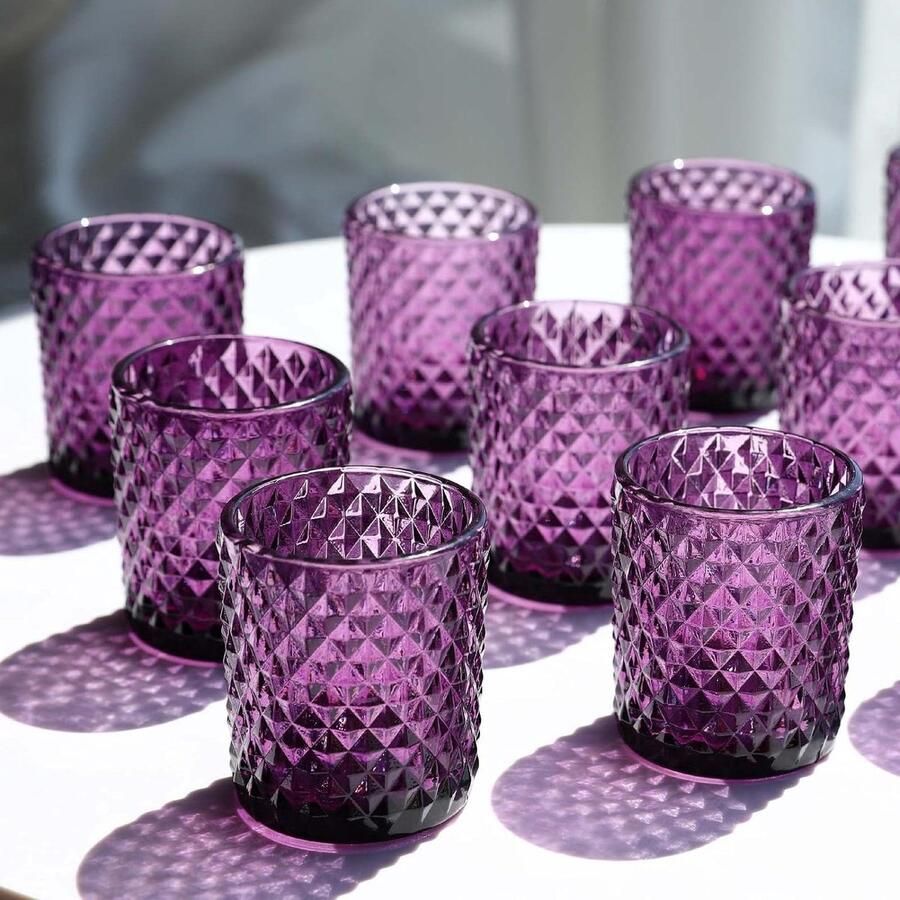 Paarse Votive Kaarsenhouders 12 stuks Glazen Theelicht Kaarsenhouder voor Vintage Halloween Party Decor Theelichten Kaarsenhouder voor Bruiloft Engagement Tafel Centerpiece Kaarsenhouder