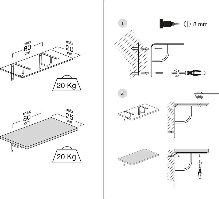 Pack 2 houders voor planken 2 x 15 x 15 cm staal in vloeibaar mat chroom boogmodel materiaal plankdrager om aan de muur te schroeven