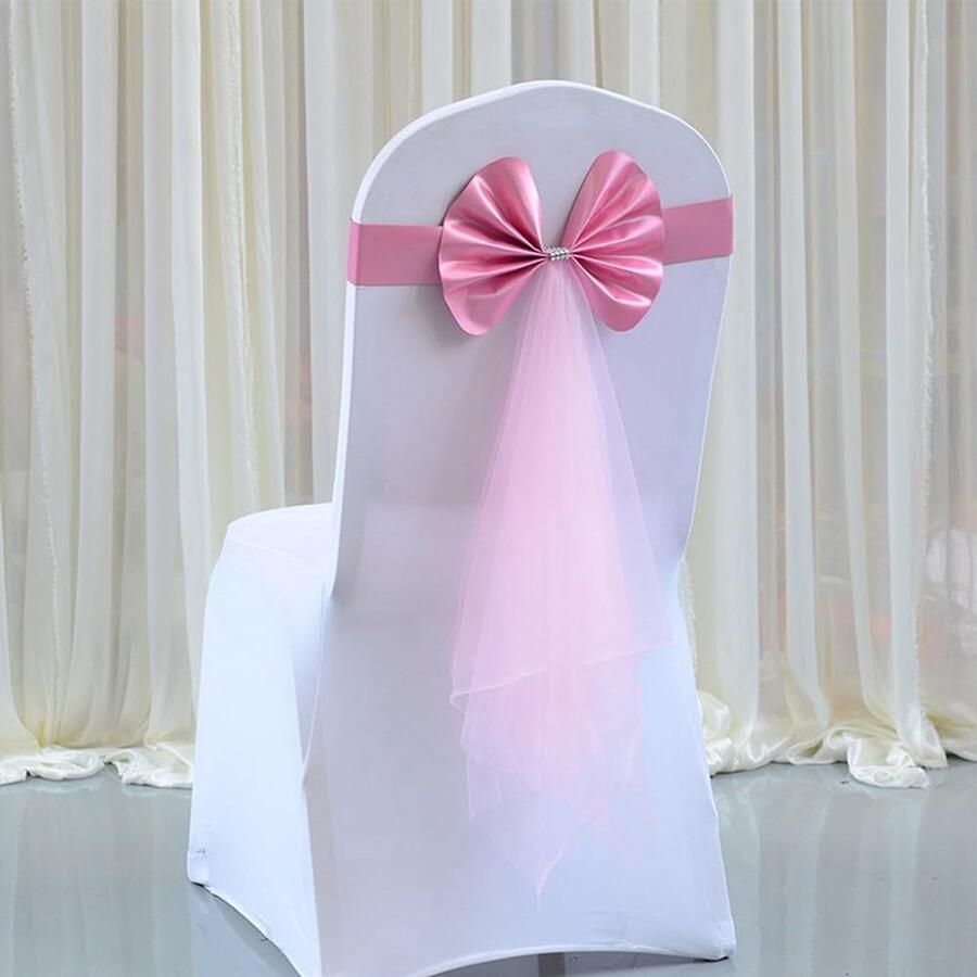 Pack of 10 Elastic Chair Sashes with Bow Decorative Chair Sashes Elastic Stretch Chair Covers Bands for Wedding Party (Pink)