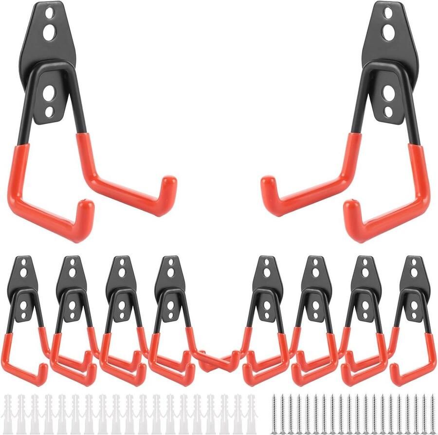 Pack of 10 Heavy Duty Double Wall Hooks Garage Organization for Ladder Hose Chair Cycling Power Tools Orange