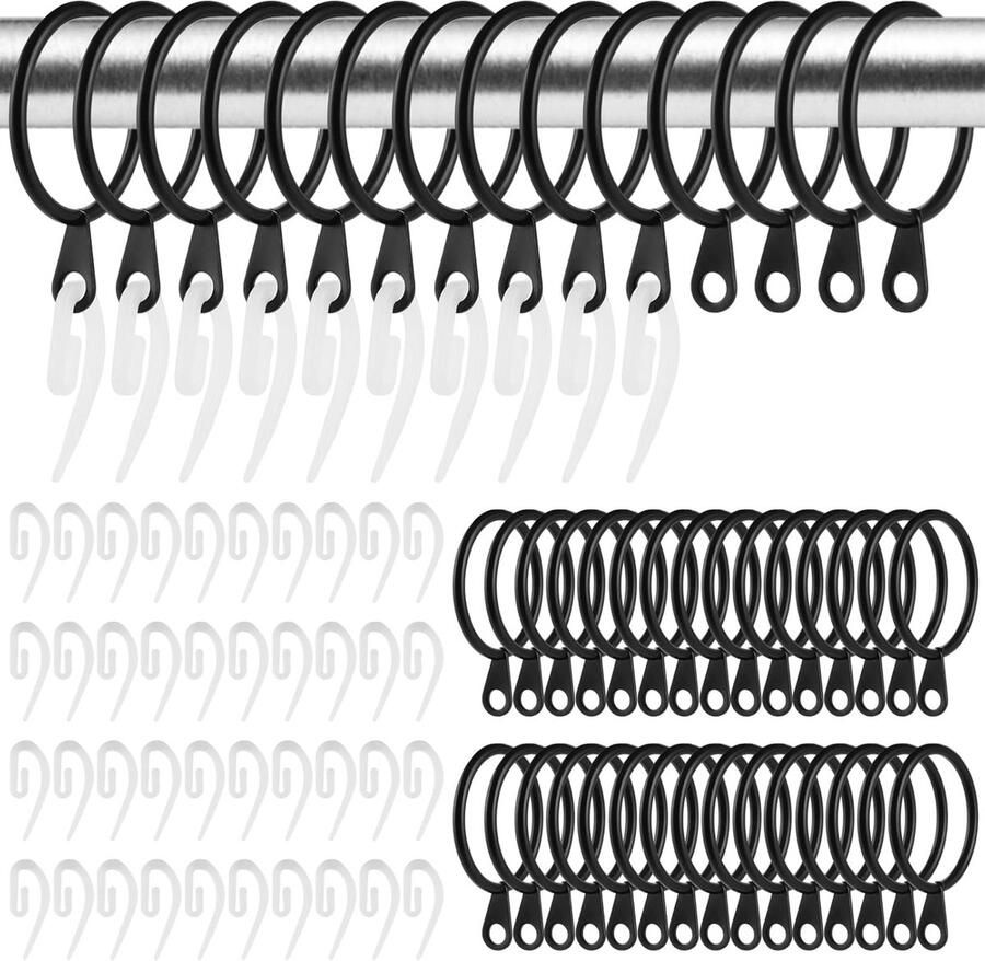 Pack of 100 Metal Curtain Rings with Hooks 30mm Inner Diameter Plastic Rings with Folding Hooks for Window Curtain Bed Curtain Shower Curtain Black