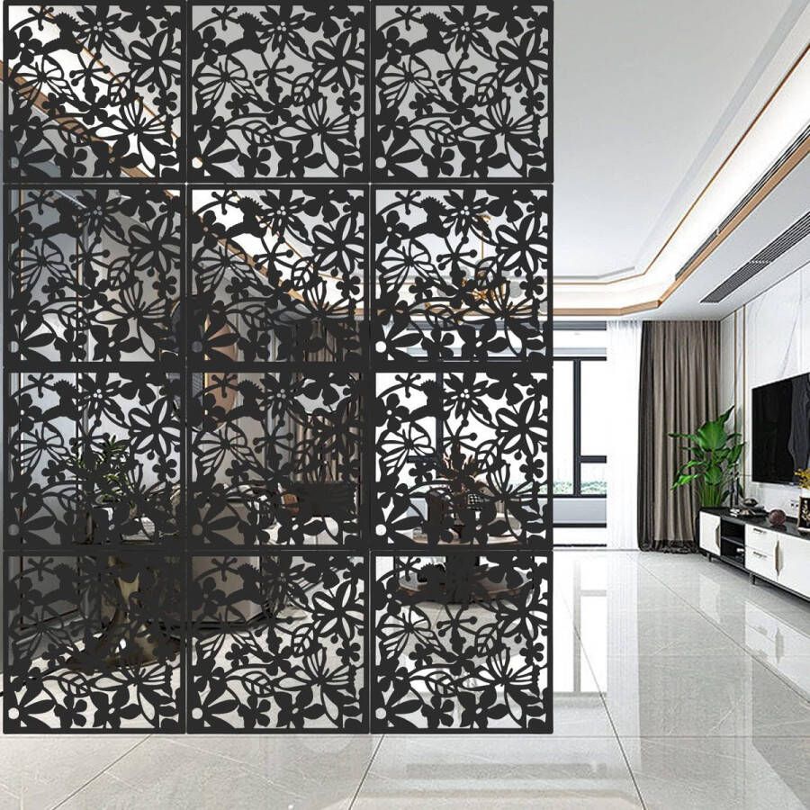 Pack of 12 Hanging Room Dividers Black 40 x 40 cm DIY Room Divider Screen Paravent Room Divider Hanging Panel Room Divider Hanging for Interior Decoration Living Room Dining Room