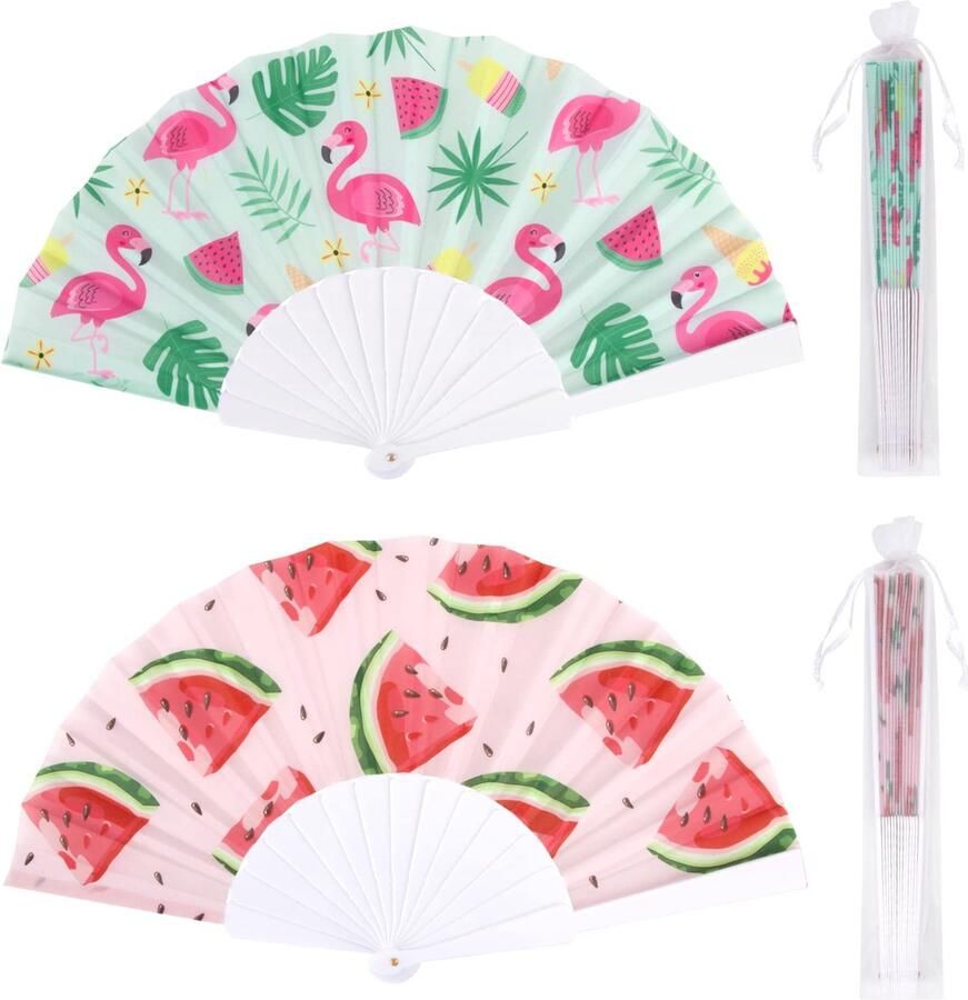 Pack of 2 hand fans summer fans with flamingo and watermelon pattern folding fan with organza cover summer gift for birthday Hawaii party Aloha party pool party etc