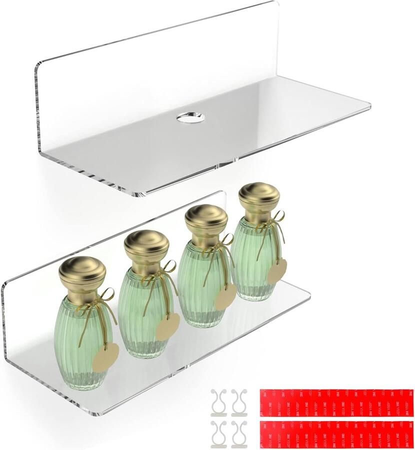 Pack of 2 Wandplanken Transparant Acryl 23 x 9.5 cm Zwevende Wandplanken Zonder Boren Met 4 Kabelclips Displayplank Wand Mini Rek voor Kantoor Badkamer