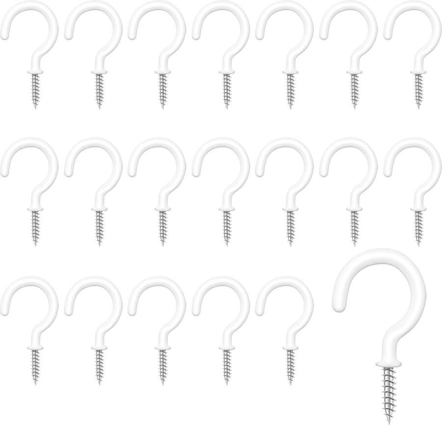 Pack of 20 Screw Hooks Wit Plafondhaken Vinyl Gecoate Schroefhaken Robuuste Keukenhaken Plafondhaken voor Het Ophangen van Planten Lampen Mokken Windgongen Accessoires 45