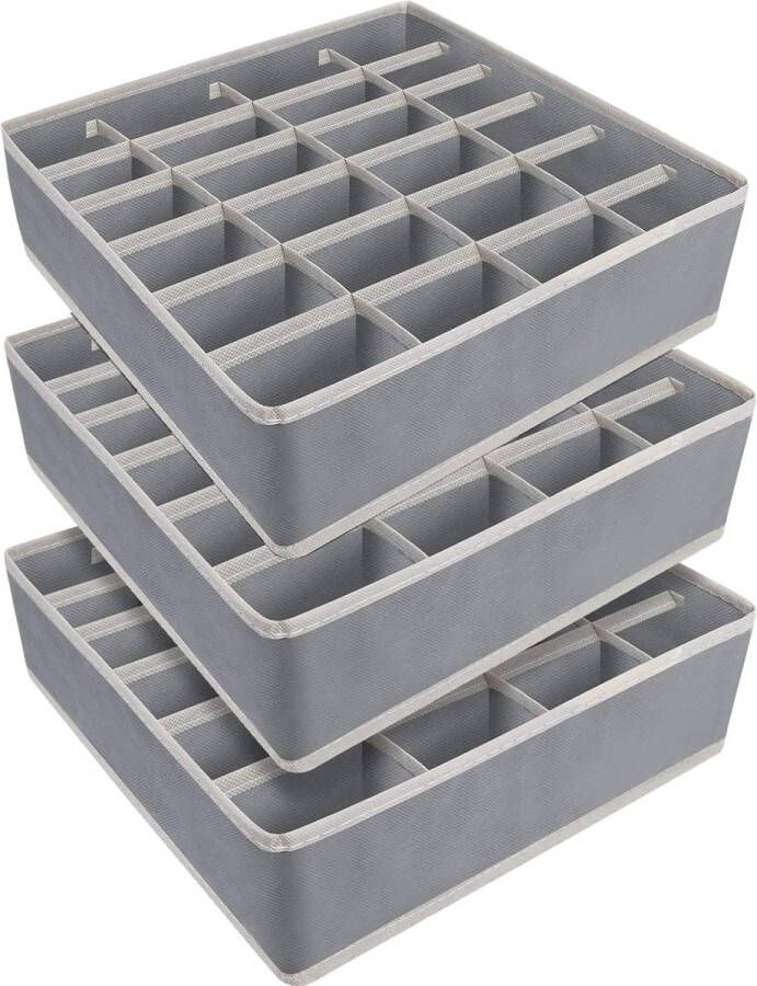 Pack of 3 24 Cell Storage Boxes for Socks and Underwear Foldable Boxes Drawer Dividers Drawer Organiser Fabric Boxes for Storing Socks Scarves Ties (Grey)