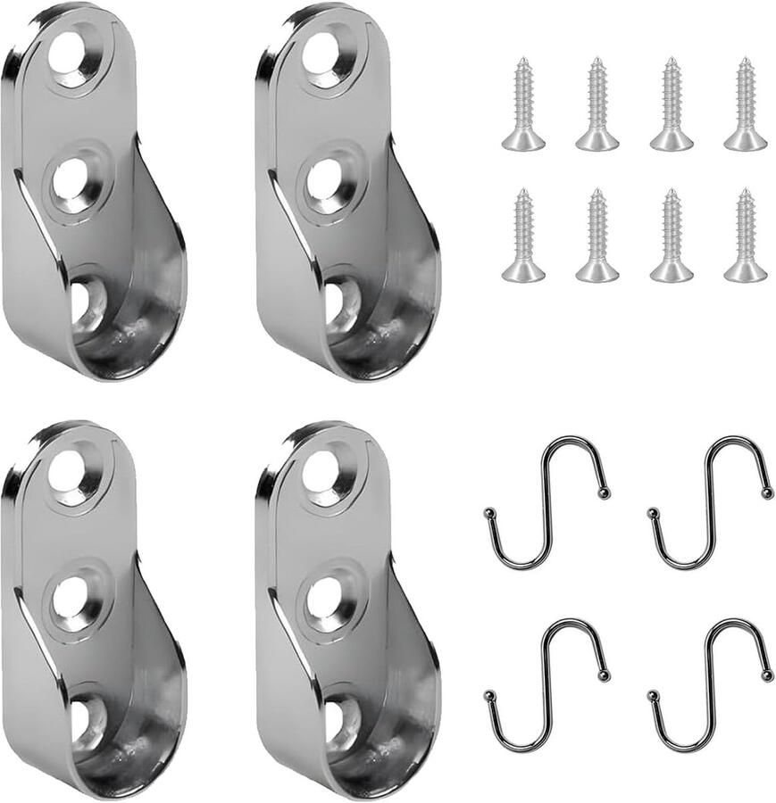 Pack of 4 Cabinet Tube Bearings voor Kledingrails Bevestigen met 4 Bijpassende Schroeven en S-Vormige Haken Zilver