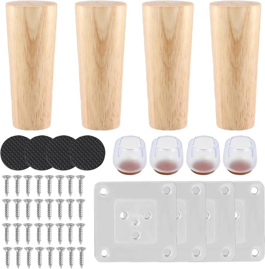 Pack of 4 Houten Tafelpoten Ronde 8 cm 12 cm 15 cm met Tafelpoten Schroeven Viltglijders Kastpoten Stoelpoot Massief Hout Vervangende Bank Antislip (12 cm)