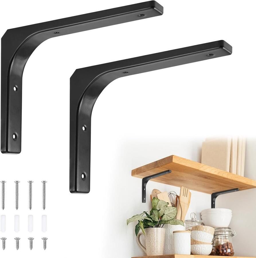 Pack of 4 Wandmontage Planken 200 x 150 mm L-vormige Hoekhouder met Schroeven Zwevende Metalen Steunen Zware Duurzaamheid voor Woonkamer en Slaapkamer Zwart