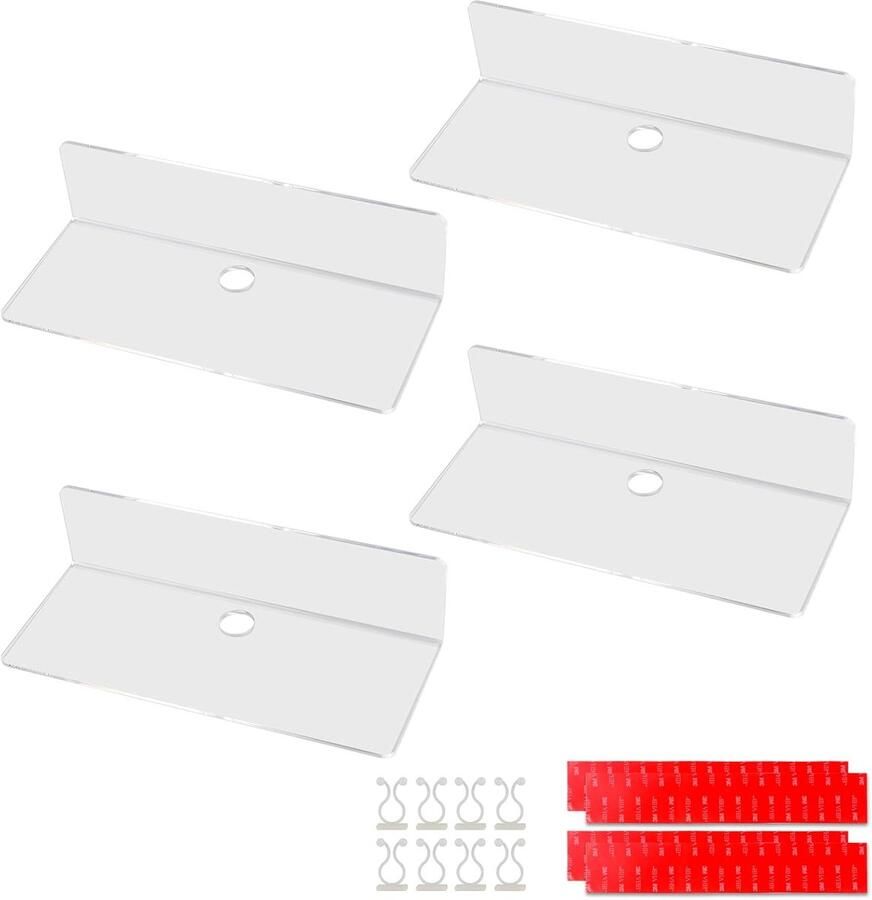 Pack of 4 Wandplanken Transparant Acryl 23 x 9.5 cm Vloeiende Wandplanken Wandplank Zonder Boren Inclusief 8 Kabelclips Display Plank Wand Mini Rek voor Kantoor Badkamer