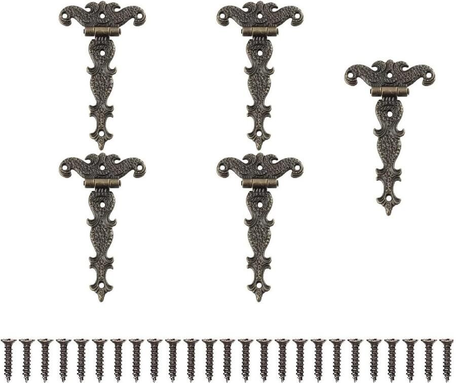 Pack of 5 Retro Antique Hinges with Fixing Screws Suitable for Cabinet Furniture Drawers Doors Shelves Wooden Cases Tool Box (113mm x 69mm)