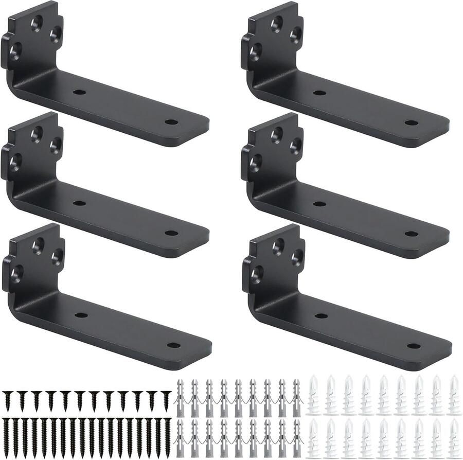 Pack of 6 Shelf Holders 10 cm Metal Shelf Racks 0.5 cm Thick Wall Mount Black Shelf Support Heavy Duty Angle Shelf Robust Shelf Holder for Wall Shelves 75 kg Load Capacity Stevige Planken Steun