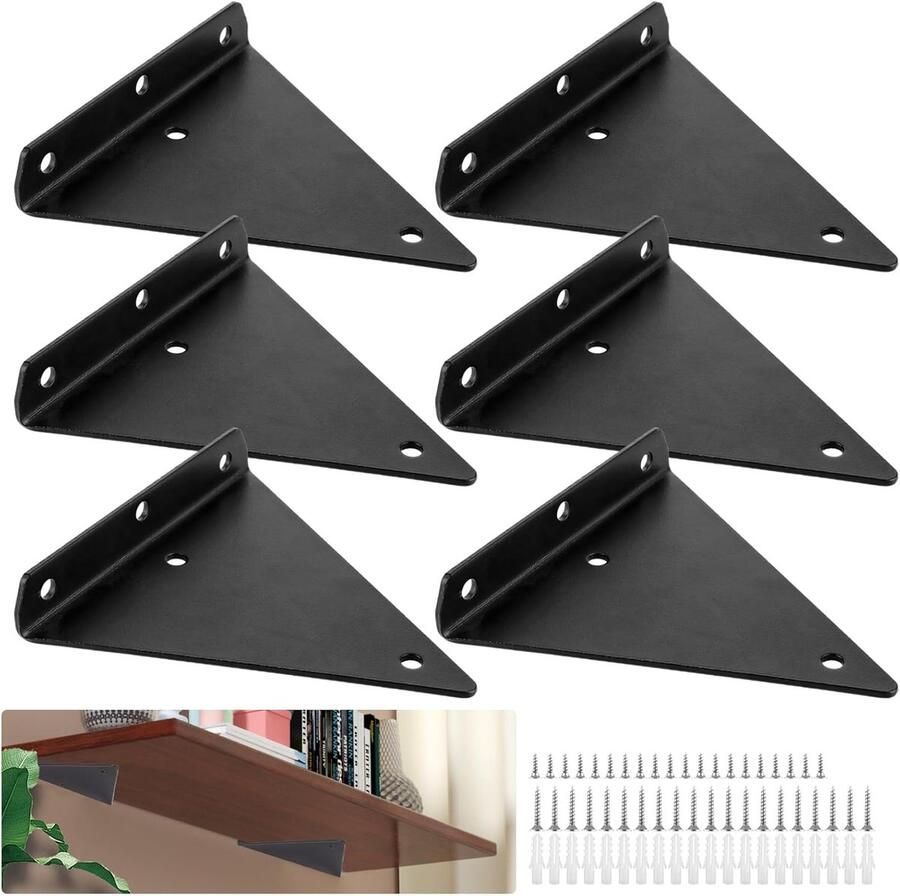 Pack of 6 Shelf Holders 14 x 13 cm Hidden Metal Shelf Supports Wall Bracket Invisible Shelf Corner Black for Storage Shelf Bookcase Accessoires