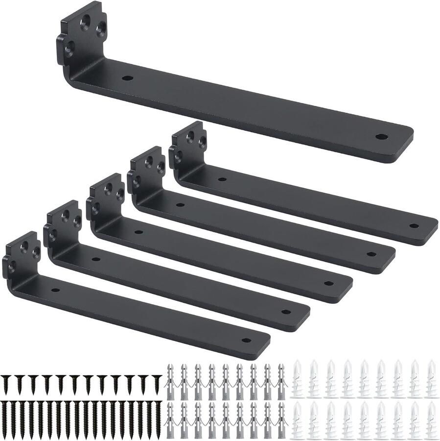 Pack of 6 Shelf Holders 20 cm Metal Shelf Racks 0.5 cm Thick Wall Mount Black Shelf Racks Heavy Load Corner Robust Shelf Holder for Wall Shelves 75 kg Load Capacity