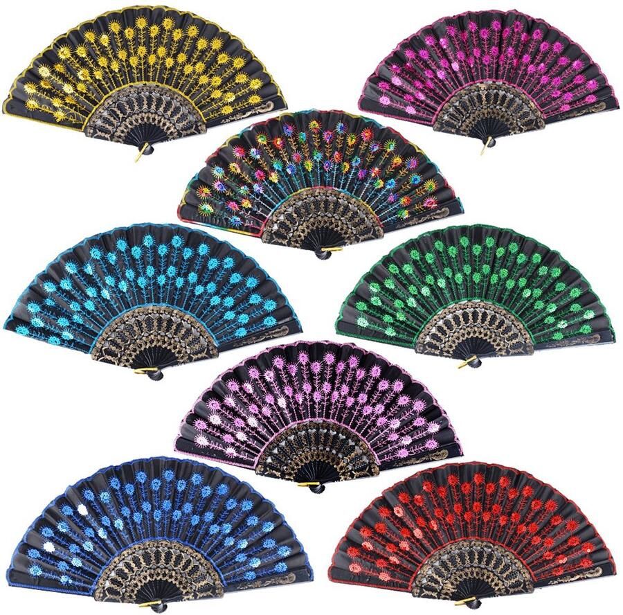 Pack of 8 Hand Fans Folding Fans Folding Fans Japanese Sequin Fans for Wall Decoration Gift Wedding Costume Carnival (23.5 cm x 43 cm)
