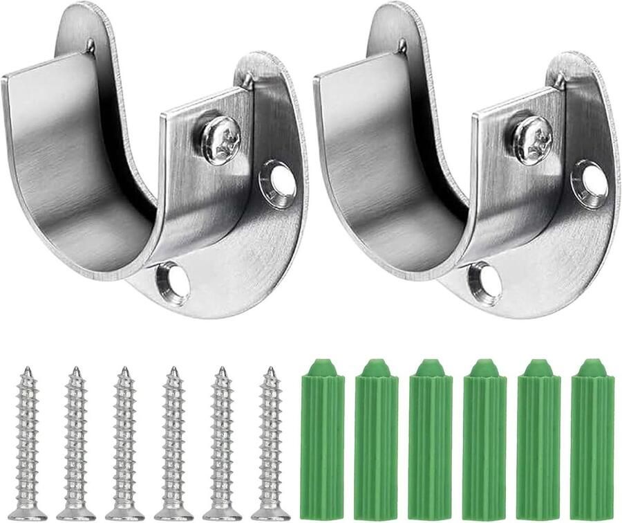Pack van 2 Roestvrijstalen Gordijnstang 25mm met Schroeven Buis Houder voor Gordijnen en Kasten (Zilver 25mm) Duurzaam Ontwerp Eenvoudige Installatie
