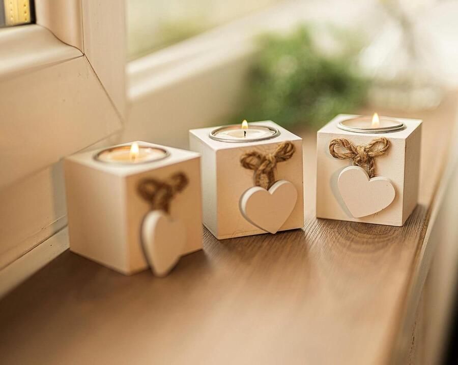 Pack van 3 witte houten hartvormige liefdesdozen Shabby Chic Tealight kaarsenhouders Rustieke huisdecoratie kersttafel Centrepiece Moderne 3x Tealight Candleabra bruiloft tafel Centrepiece