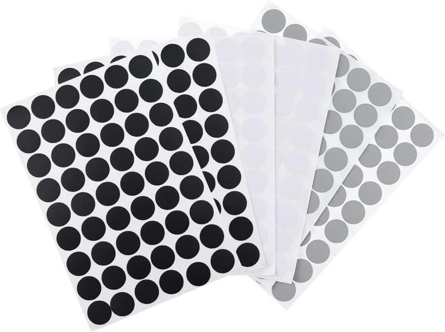 Pack van 324 Zelfklevende Afdekkappen 54-in-1 PVC Schroefkoppen Kapjes Meubel Stofdichte Stickers 20mm voor Kasten Planken Boekenkasten 6 Vellen (Grijs Wit Zwart)