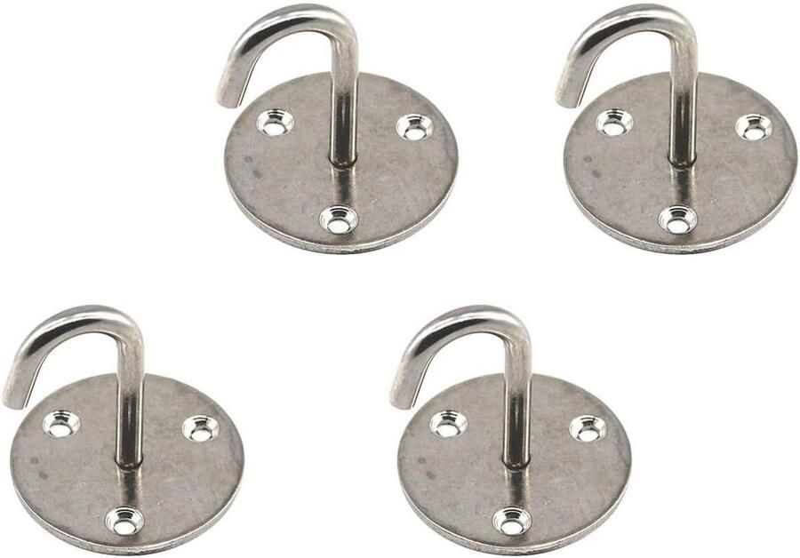 Pack van 4 kleine roestvrijstalen plafondhaken inclusief schroeven voor bevestiging van kroonluchters ventilatoren en meer
