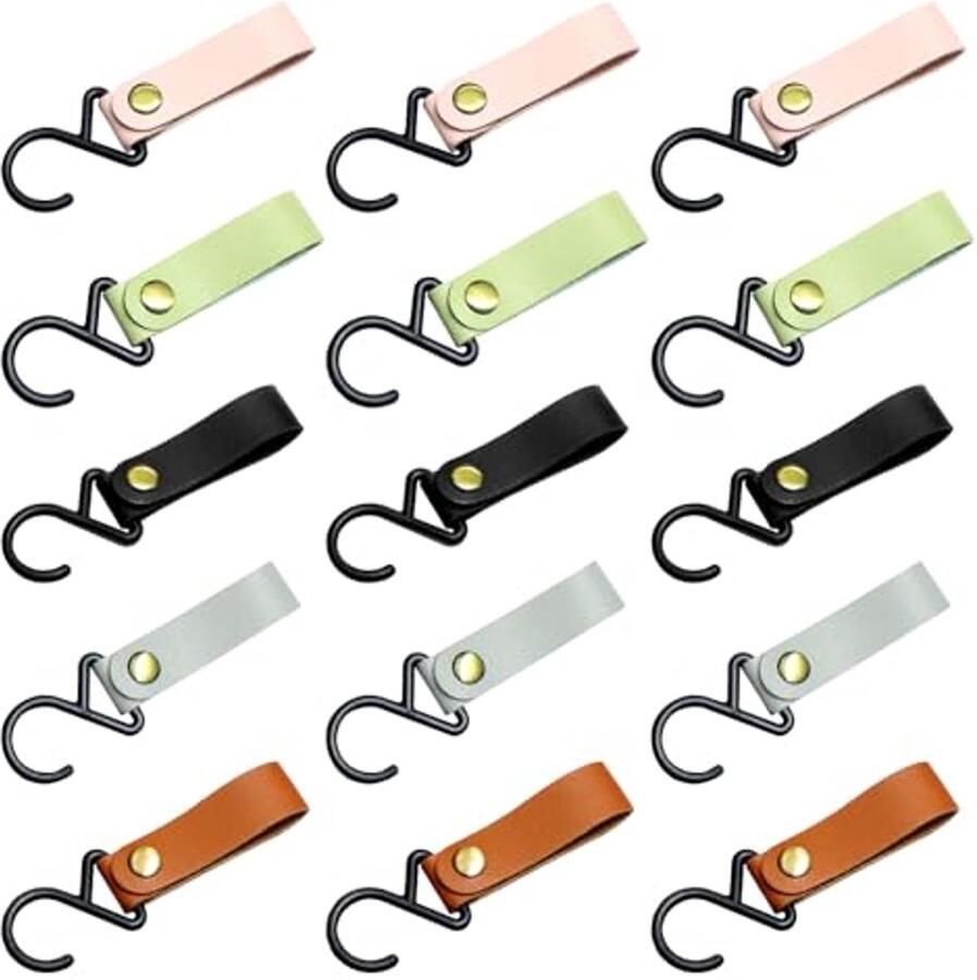 Pak van 15 leren S-haken leren riemen met haken leren kapstokken leren lushaken met leren lus haken voor het ophangen van S-haken kapstok kapstokhaken leer (5 kleuren)