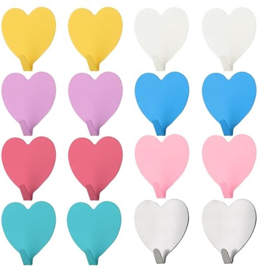 Pak van 16 hartvormige haken kleurrijke liefdehaken metalen haken zelfklevende haken schattige kapstokhaken decoratieve haken woonaccessoires