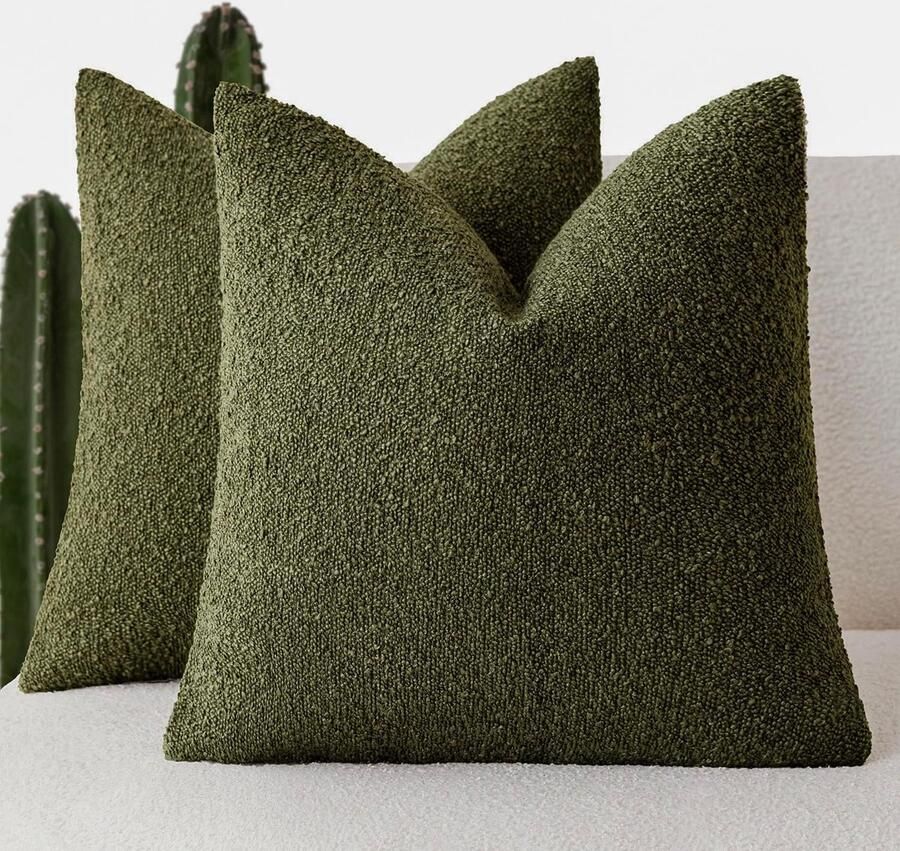Pak van 2 getextureerde bouclé kussenslopen accent effen kussenslopen gezellige zachte decoratieve bankkussenhoes voor stoel bank slaapkamer woonkamer woondecoratie 18x18 inch mosgroen