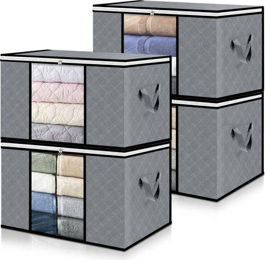 Pak van 4 90L opbergzakken kledingopbergzakken niet-geweven stof met transparant venster 60 x 43 x 35 cm opvouwbare dozen onderbedorganizer voor dekbedden handdoeken kussens