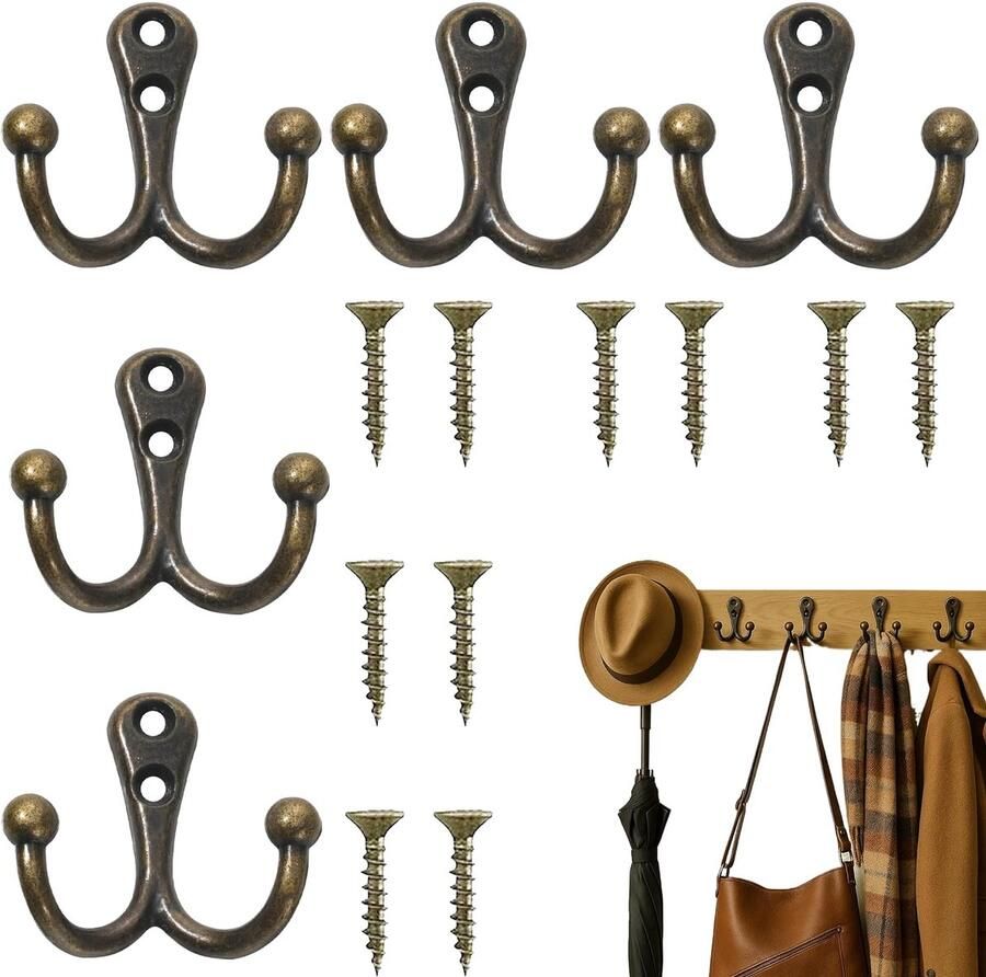 Pak van 5 kapstokhaken dubbele haak kapstokhaken garderobe bronzen design kapstokhaken vintage met schroeven kapstokhaken vintage geschikt voor deuren muren kasten badkamers keukens