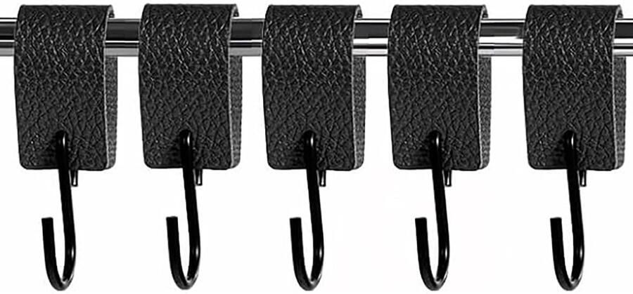 Pak van 5 S-haken zwart met leren lus haken voor het ophangen van S-haken kapstokhaken metalen haken multifunctionele haken kapstokhaken S-haken voor slaapkamers kledingkasten keukens
