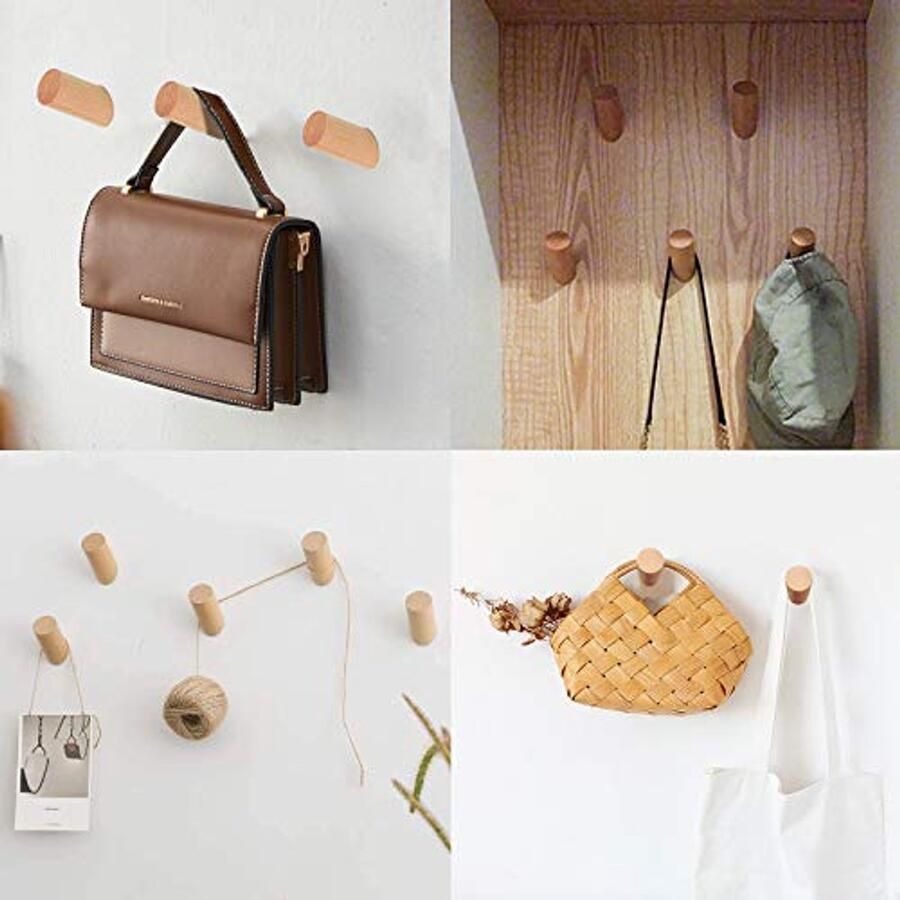 Pak van 6 houten kapstokhaken natuurlijke muurhaken beukenhaken 3 x 6 cm kapstokhaken hangers voor kleding sjaal hoed tas met schroeven