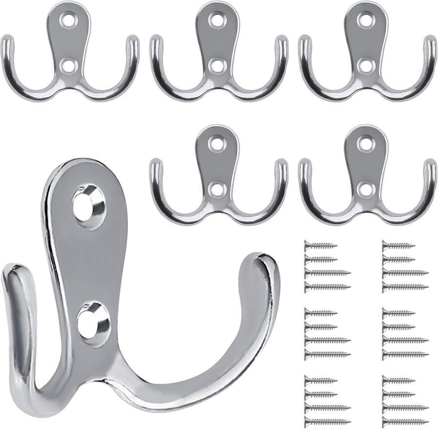 Pak van 6 kapstokhaken Bolatus haken garderobe dubbele wandhaken retro haken muur metalen zilveren kapstokhaken vintage met 24 schroeven voor kapstokhaken badkamer keuken