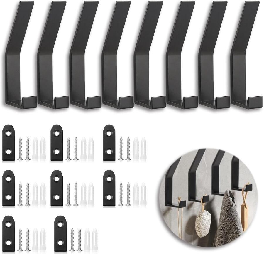 Pak van 8 kledinghaken voor akoestische panelen kledinghaken voor akoestische panelen kledinghaken voor kledingkasten kledinghaken om vast te schroeven aan muren deuren kasten in slaapkamers badkamers gangen kantoren (zwart)