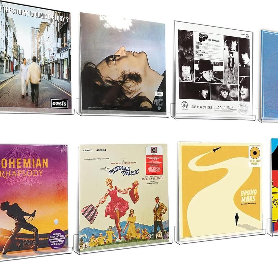 Pak van 8 Wandgemonteerde Vinyl Platenrekken Lengte: 30 5 cm Acryl Vinyl Platenhouder met Bevestigingsmateriaal Platenstandaard voor LP's Geschikt voor Collecties Winkels Thuis of op Kantoor