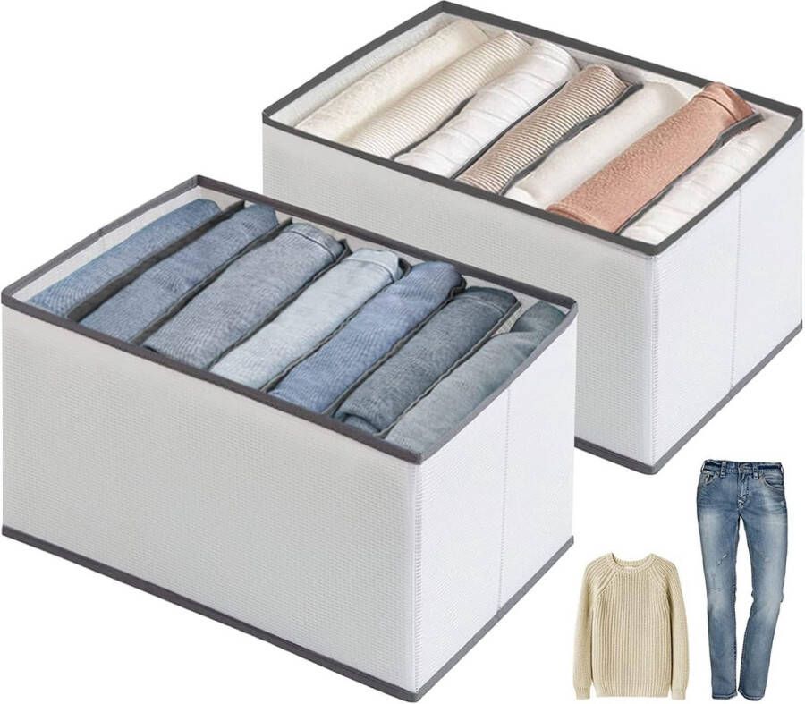 Pakket van 2 lade-inzetstukken voor kledingkastorganisatiesysteem. Opvouwbaar voor jeans shirts en broeken. Stapelbare organisatiekastdozen met 7 compartimenten. Afmetingen: 36 x 24 x 20 cm. grijs