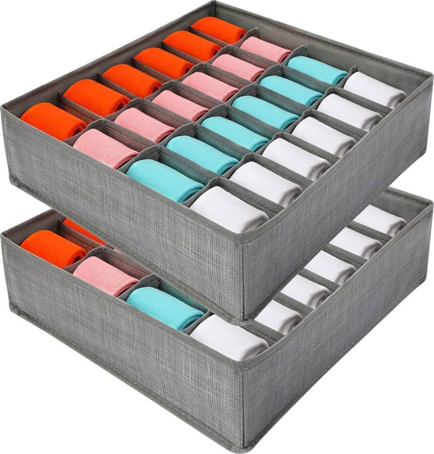 Pakket van 2 opbergdozen voor sokken en ondergoed 24-vaks opvouwbare doos kledingkast- en ladeorganisatiesysteem voor sokken stropdassen ondergoed (grijs)
