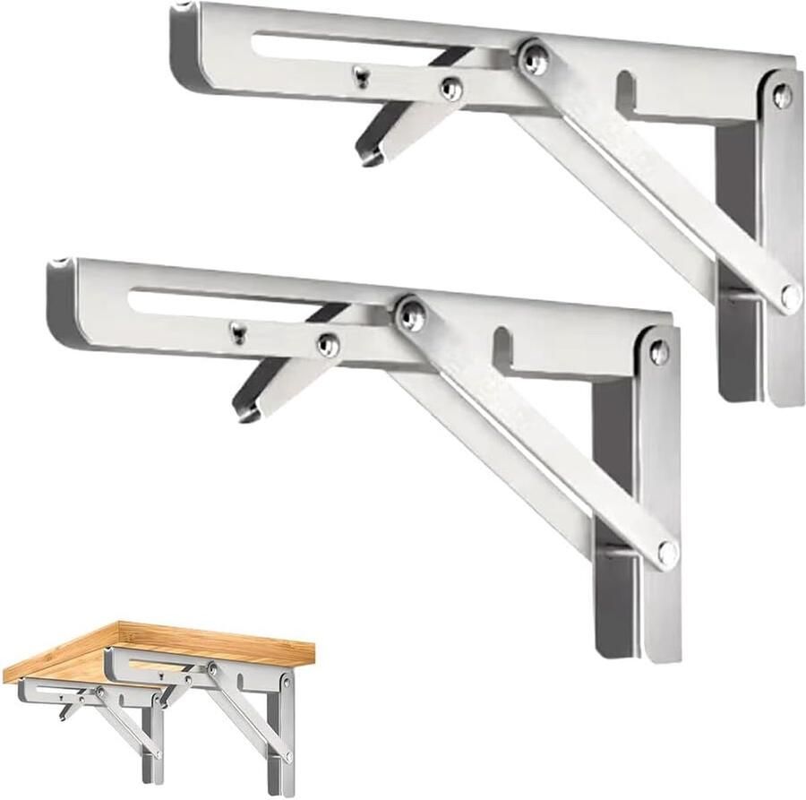 Luvetrex Pakket van 2 opvouwbare console 200 mm Heavy Duty roestvrijstalen opvouwbare console Opvouwbare hoek 90 graden Ruimtebesparende opvouwbare plank voor studeerkamer garage kantoor tafel huis keuken (zilver 200 mm)