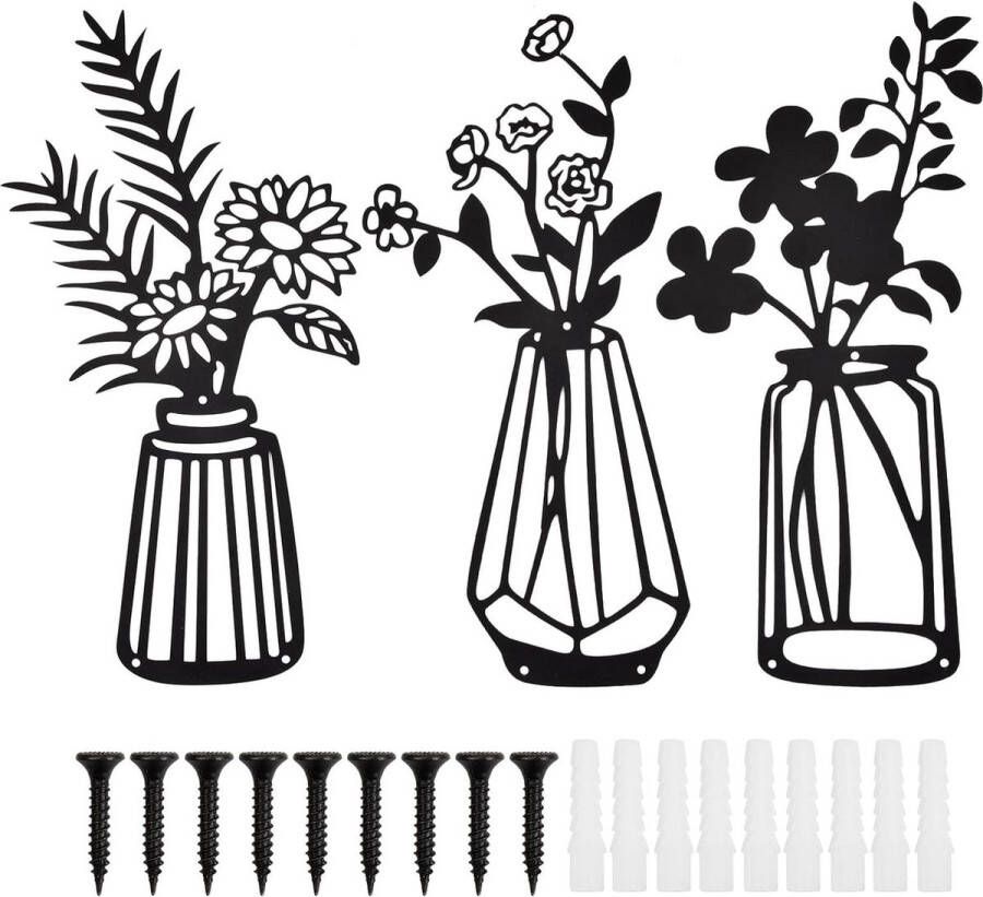Pakket van 3 35 cm Wandkunst Metaal Zwart Bloemen Wandsculptuur met Schroeven Moderne Wanddecoraties voor Slaapkamer Woonkamer Eetkamer Binnen of Buiten Huiswarmingscadeau (A)
