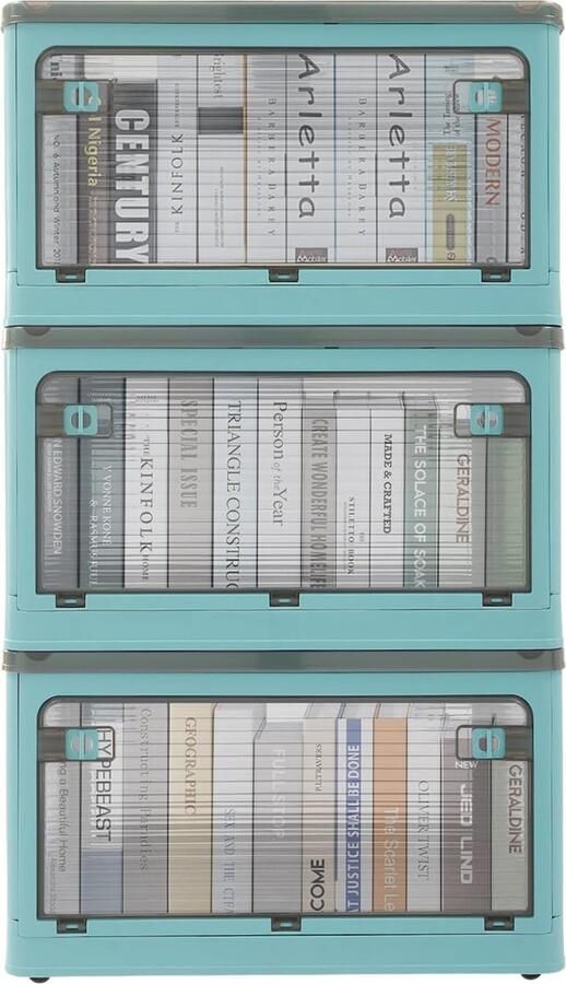Pakket van 3 opvouwbare opbergdozen van kunststof stapelbaar met wielen deur en handvat voor thuis kantoor en badkamer