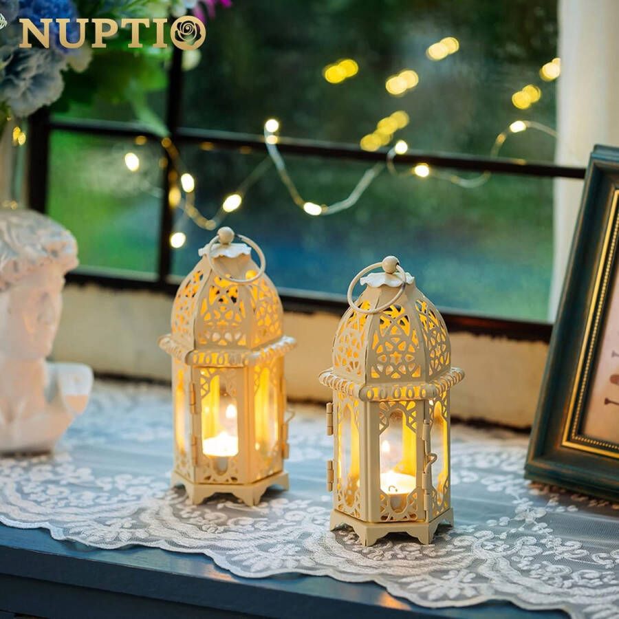 Pakket van 4 kaarsenlantaarns in Marokkaanse stijl kleine theelichthouders met transparante glasruiten ideaal voor terras binnen buiten evenementen feesten bruiloften witte Marokkaanse lamp