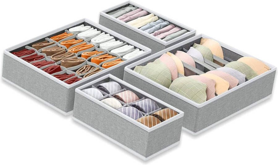 Pakket van 4 ondergoedorganisatoren kledingkastorganisator opvouwbaar organisatiesysteem kledingkast multifunctioneel voor sjaals sokken en stropdassen (grijs)
