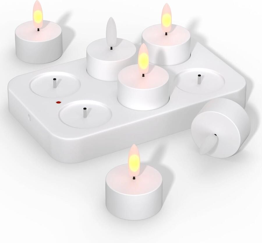 Pakket Van 6 LED-theelichtjes LED-kaarsen Zonder Vlam Met Oplaadstation Oplaadbare Kaars Vlam Flikkerend Kaarslicht Elektrische Theelichtjes Jeugdwijdingslantaarn Tafellamp Woonkamer [Energieklasse D]