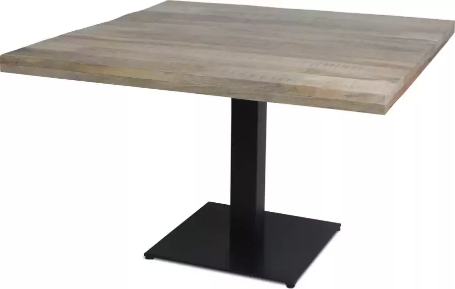 Palermo bistrotafel met naturel vierkant mangohouten blad met een afmeting van 70 x 70 cm. en vierkante grondplaat zwart gepoedercoat