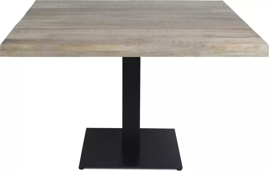 Palermo bistrotafel met naturel vierkant mangohouten blad met een afmeting van 80 x 80 cm. en vierkante grondplaat zwart gepoedercoat
