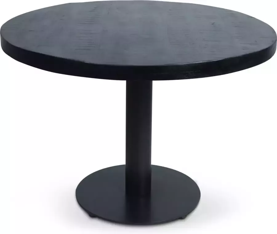 Palermo bistrotafel met zwart mangohouten blad met een doorsnede van 70 cm. en ronde grondplaat zwart gepoedercoat