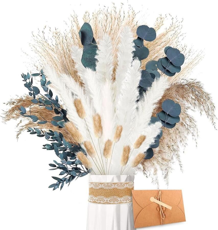 Pampasgras & Gedroogde Bloemen Decoratie Natuurlijke Droogbloemen Eucalyptus & Lagurus Boeket Bruiloft Tafel Woonkamer Boho