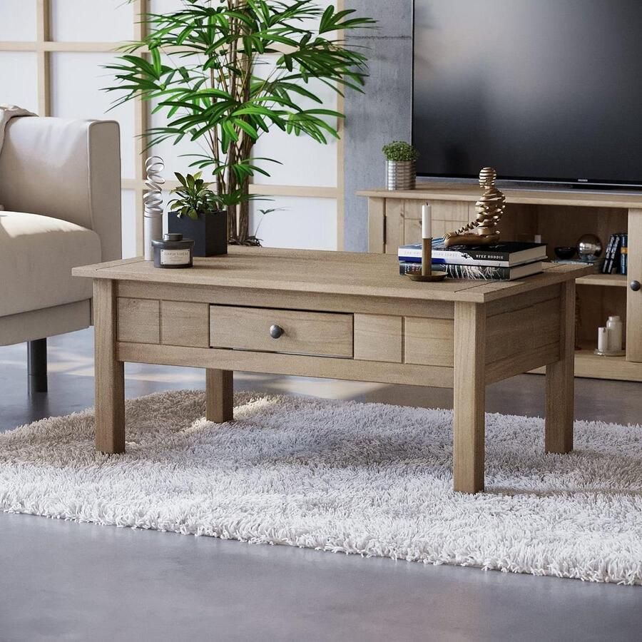 Panama massief grenen rustieke salontafel met 1 lade natuurlijk hout woonkamermeubels