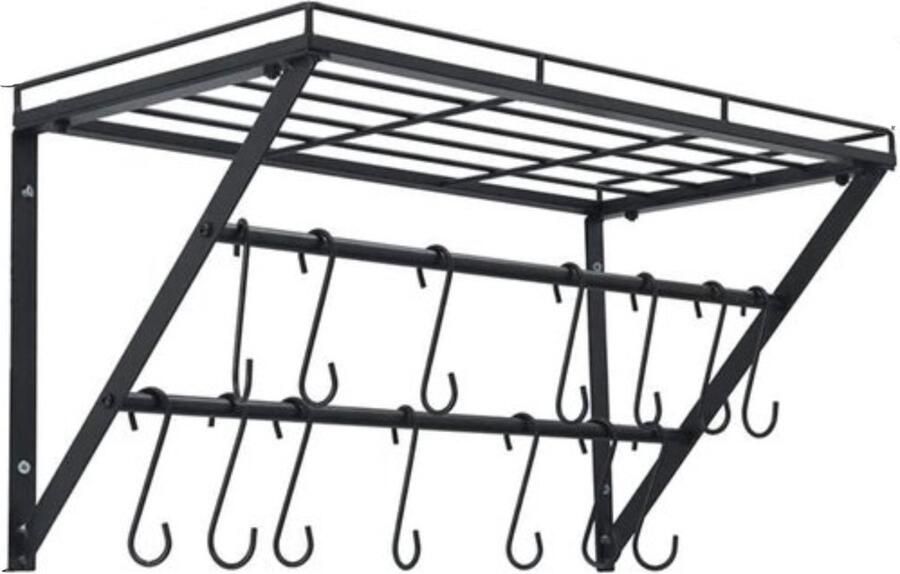 Pannenrek – wandrek – wandmontage 60cm Metalen pannenrek – Pannenplank Keukenrek – keuken organizer 2 Rails 12 Haken – zwart