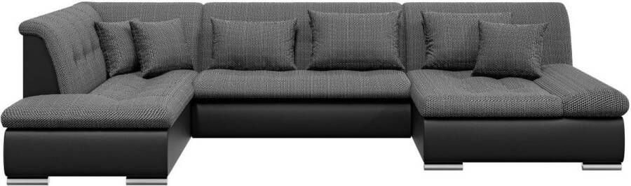 Panoramische hoekslaapbank met hoek links van stof met textuur en grijs en zwart kunstleer SONDRIO L 345 cm x H 78 cm x D 215 cm