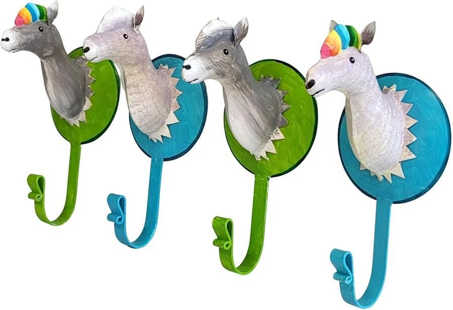 Pape Arts and Crafts 4 kleurrijke alpaca metalen wandhaken handbeschilderd elk ca. 19 x 9 cm. Kapstokhaken voor kinderkamers
