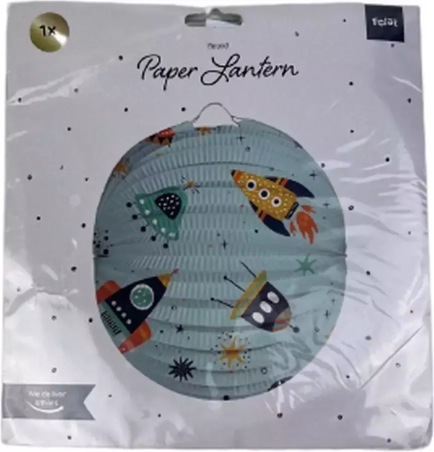 Papieren lantaarn rond met raket print Lichtblauw Multicolor Papier Metaal ⌀ 22 cm Lampion Lamp Lampionenneoptocht Lantaarn